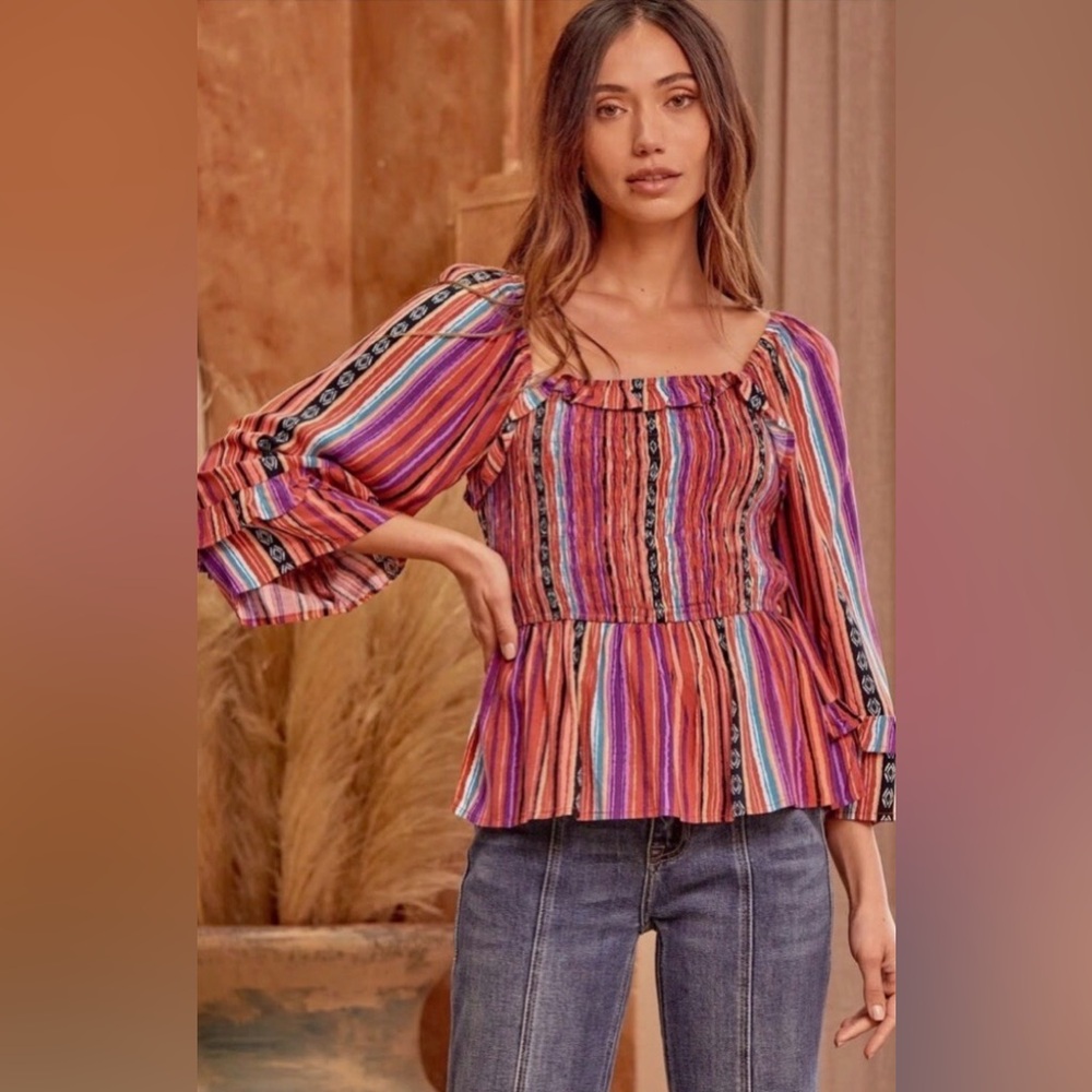 Savannah Jane Women’s Smock Top Aztec Serape Striped Print Peplum Western Boho L